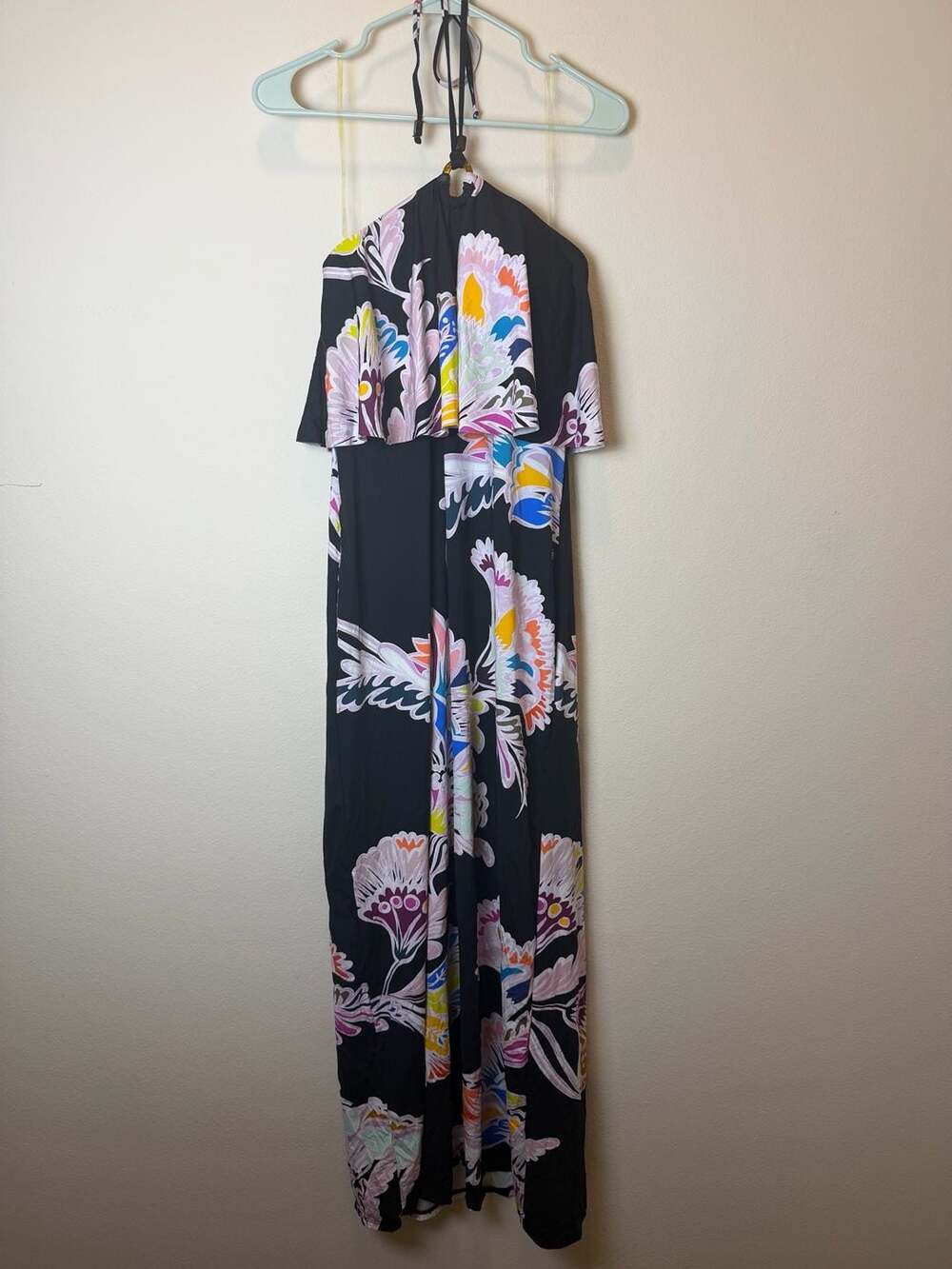 Trina Turk Seychelles Maxi Halter Dress Size S Black Floral Cover Up